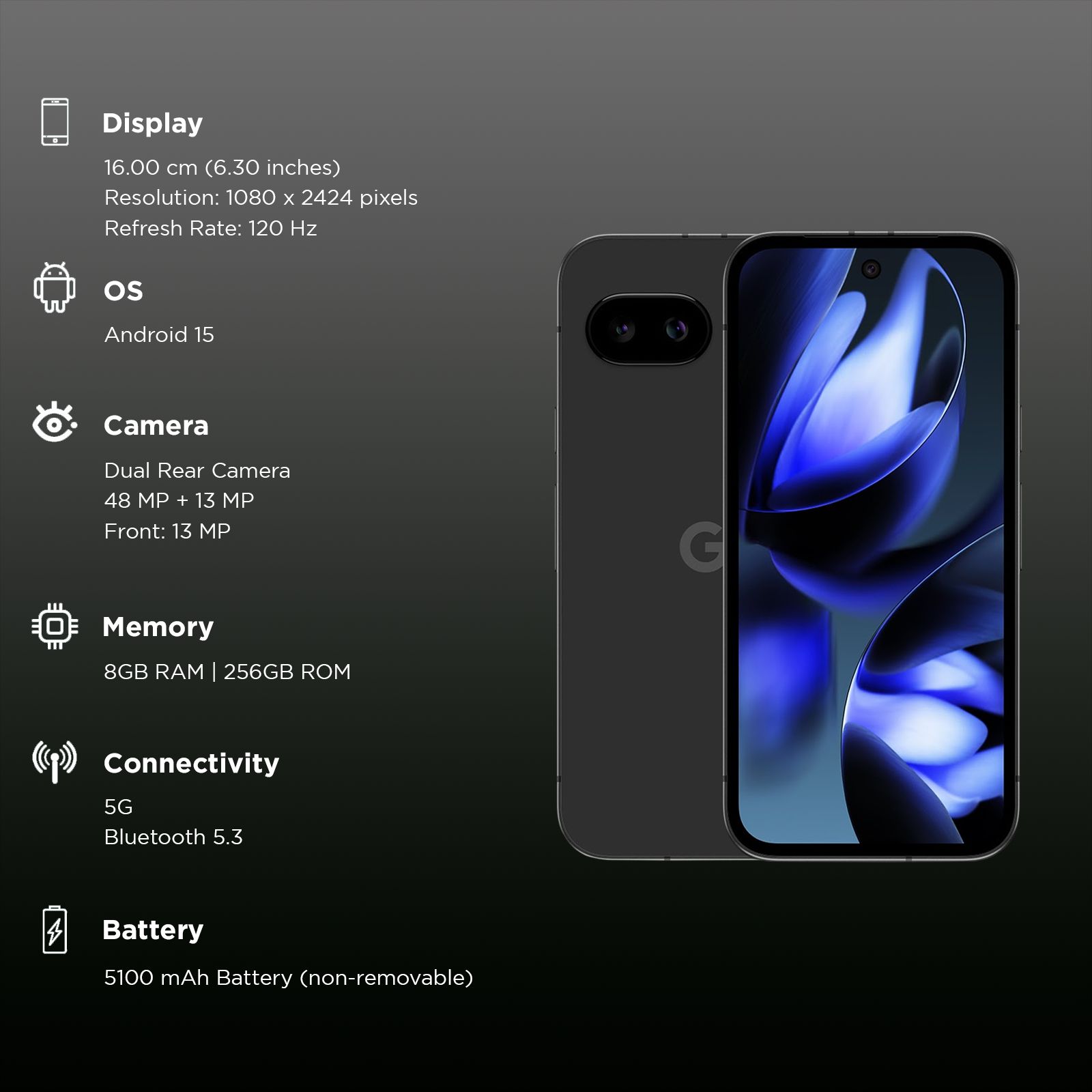 Buy Google Pixel 9a 5G (8GB RAM, 256GB, Obsidian) Online - Croma